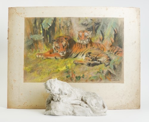 A pair of tigers in the jungle signed 'ARTHUR WARDLE' (lower right) pastel on paper 31 x 47cm £500-800 and Lioness cleaning her paw incised with signature 'A WARDLE' (to the base) plaster maquette height 15cm £300-500