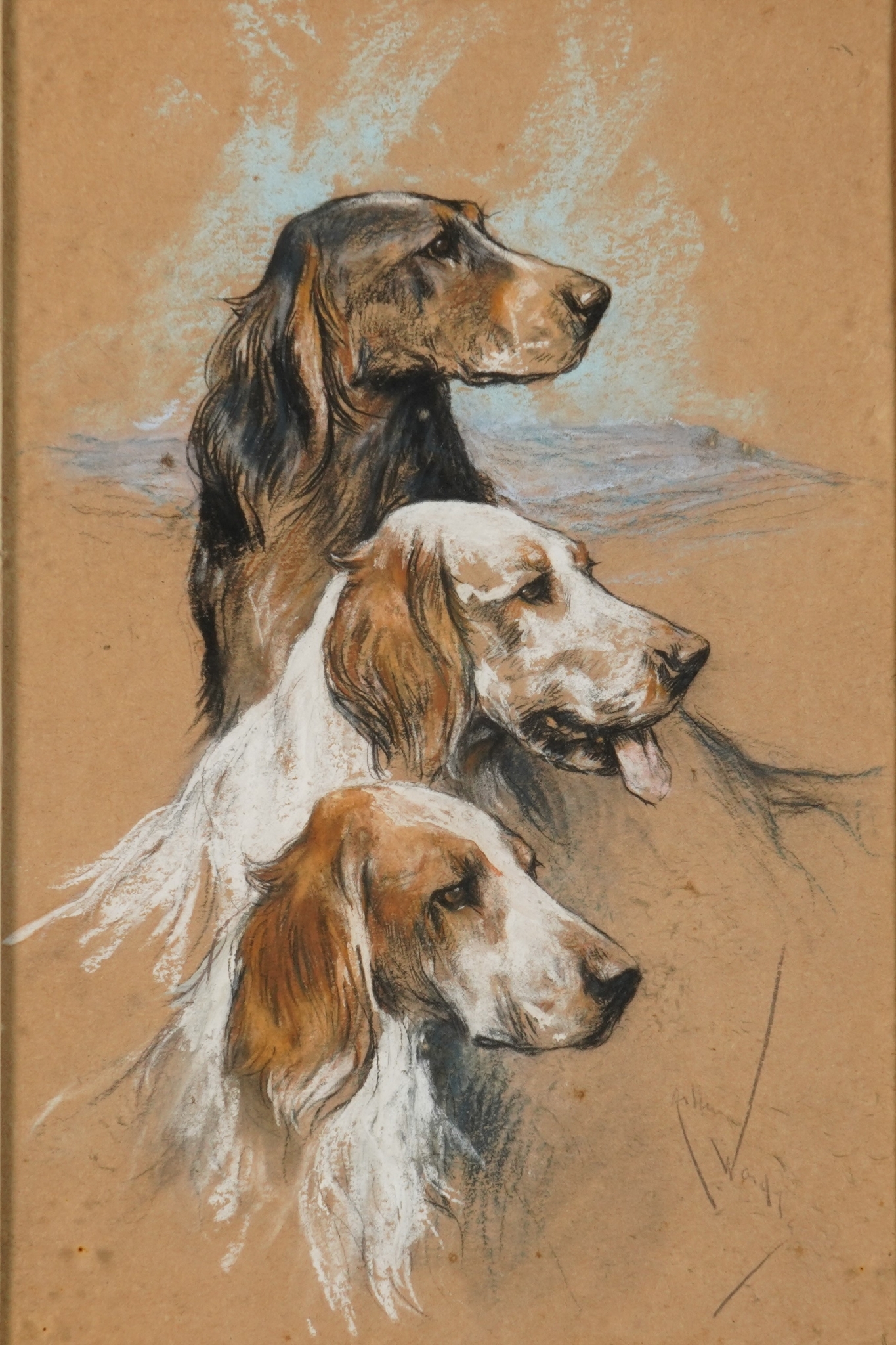 Three setters in a landscape signed 'Arthur Wardle' (lower right) pencil and pastel on paper 36.5 x 24cm £500-800